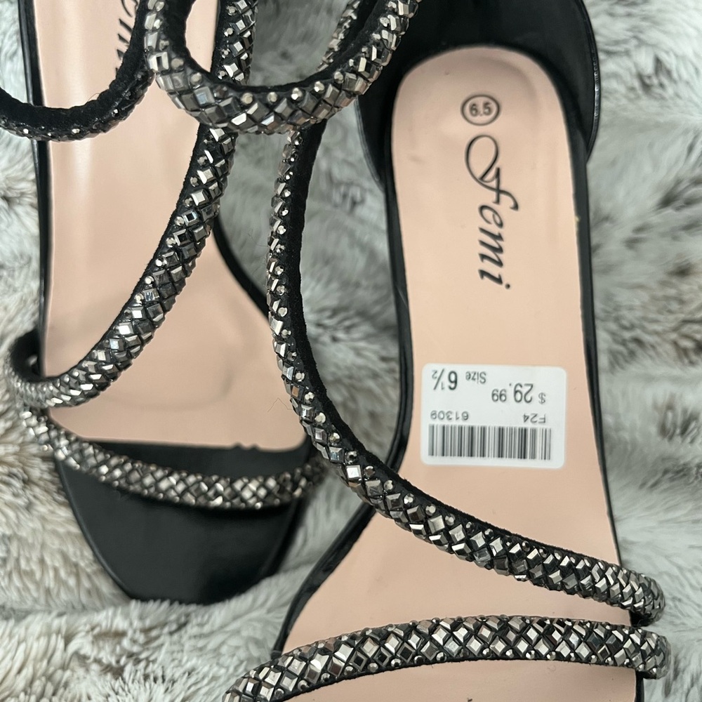 FEMI Black Gunmetal grey rhinestone scrappy heels - Picture 2 of 6